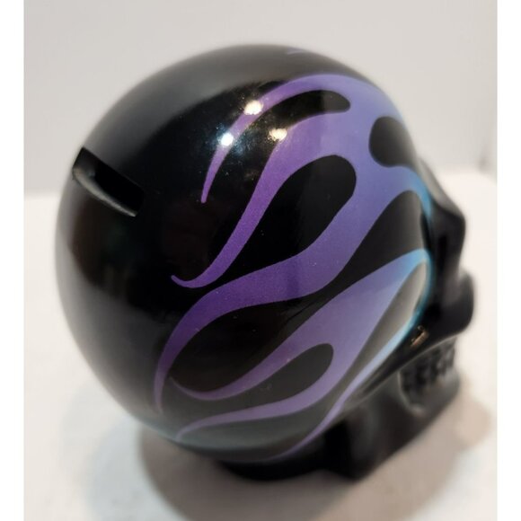 Flaming Skull Plastic Piggy Bank Blue Purple Black w/ Stopper Halloween Decor - Picture 8 of 15